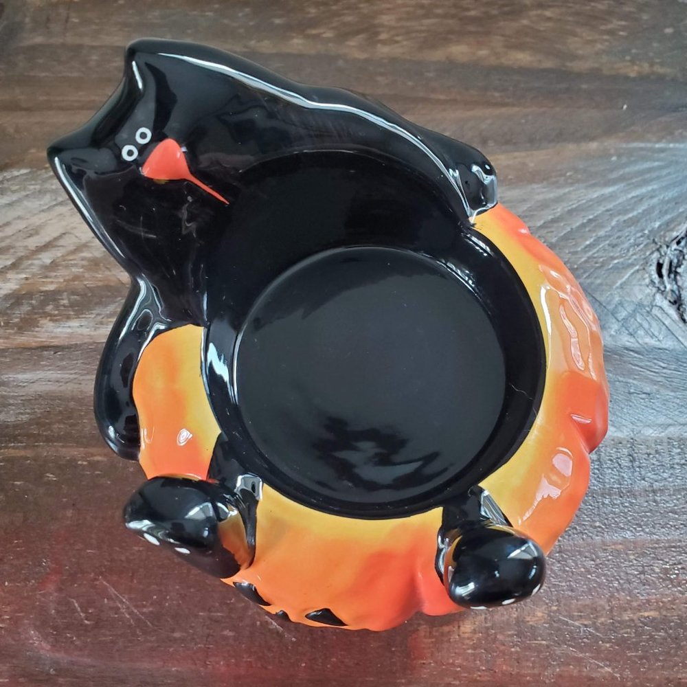 Halloween Black Cat Pumpkin Ceramic Candle Holder - Picture 6 of 8